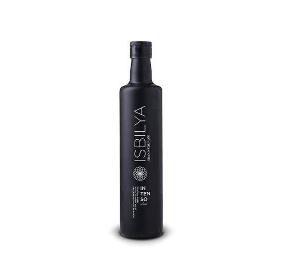 500 ml bottle of Isbilya’s extra virgin olive oil, Grand Coupage Intense. Premium EVOO with a bold and intense flavor.