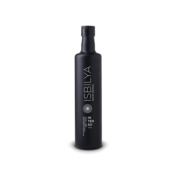 500 ml bottle of Isbilya’s extra virgin olive oil, Grand Coupage Intense. Premium EVOO with a bold and intense flavor.