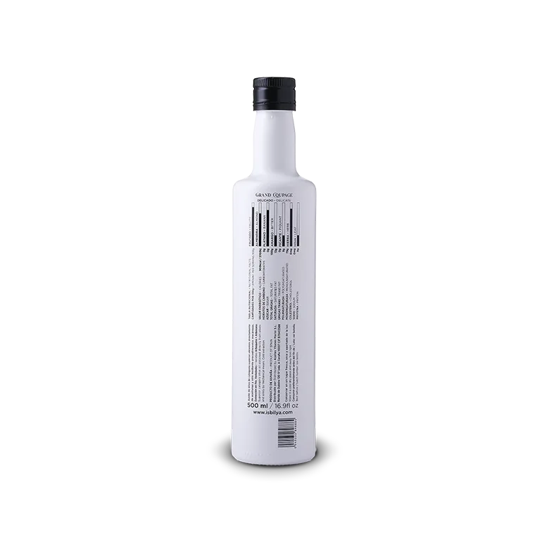 Botella Isbilya Grand Coupage Delicado gourmet, contraetiqueta.