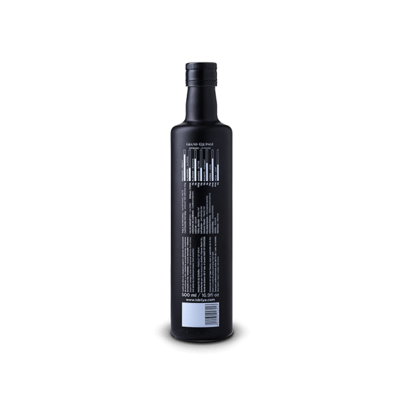 Botella Isbilya Grand Coupage Intenso gourmet, contraetiqueta.