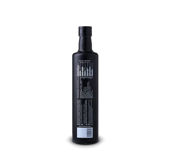 Botella Isbilya Grand Coupage Intenso gourmet, contraetiqueta.