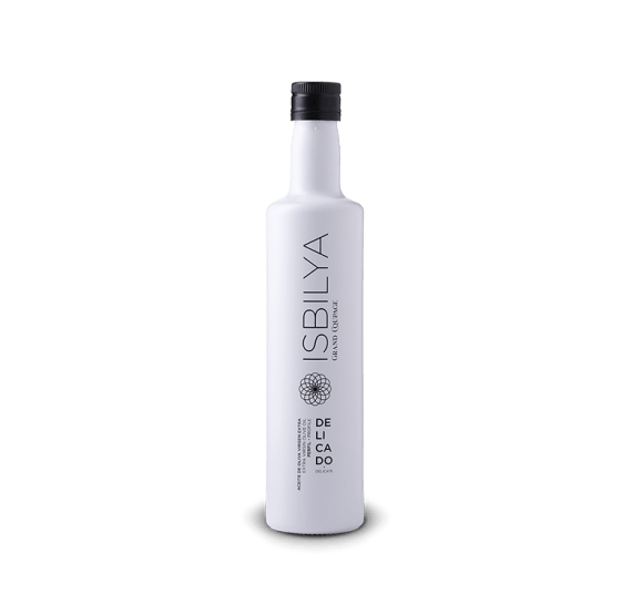 Smooth and delicate premium olive oil by Isbilya. Ideal as a gourmet gift. 500 ml bottle of Grand Coupage Delicate extra virgin olive oil.