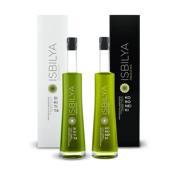 Pack de dos botellas de AOVE ISBILYA variedades sikitita y koroneiki