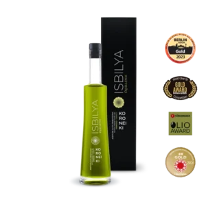 Botella de aceite de oliva virgen extra Koroneiki Isbilya, AOVE premium ganadora de concursos internacionales