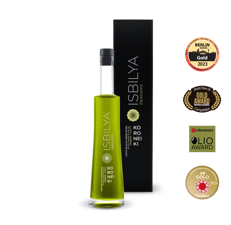 Botella de aceite de oliva virgen extra Koroneiki Isbilya, AOVE premium ganadora de concursos internacionales