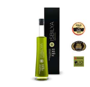 Botella de aceite de oliva virgen extra Koroneiki Isbilya, AOVE premium ganadora de concursos internacionales