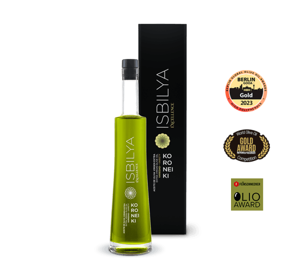 Botella de aceite de oliva virgen extra Koroneiki Isbilya, AOVE premium ganadora de concursos internacionales