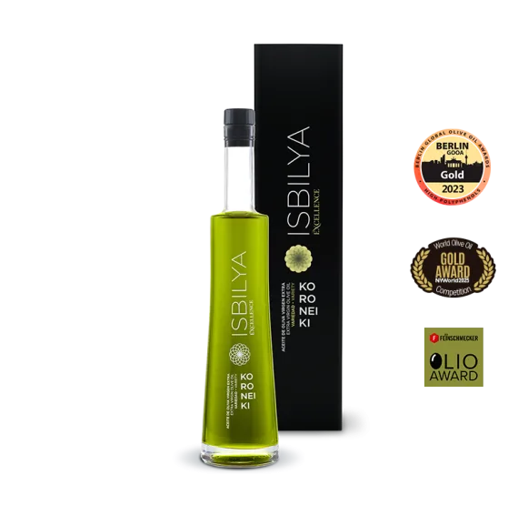 Botella de aceite de oliva virgen extra Koroneiki Isbilya, AOVE premium ganadora de concursos internacionales