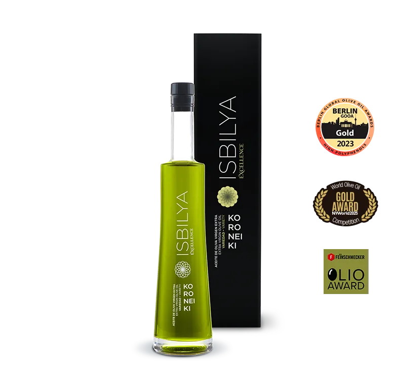 Botella de aceite de oliva virgen extra Koroneiki Isbilya, AOVE premium ganadora de concursos internacionales