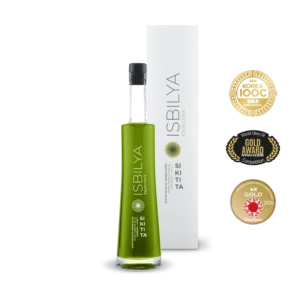 Botella de cristal aceite de oliva virgen extra premium Isbilya variedad sikitita, incluye estuche. Medalla de oro Nueva York, Japón y Korea 2026.