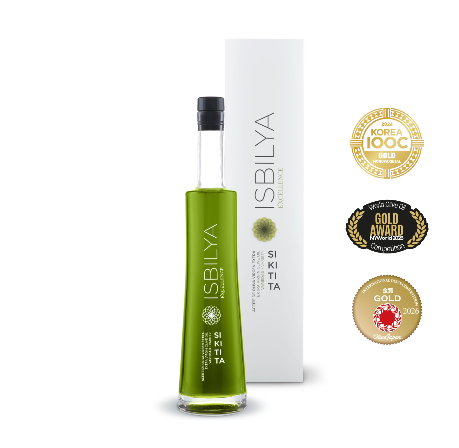 Botella de cristal aceite de oliva virgen extra premium Isbilya variedad sikitita, incluye estuche. Medalla de oro Nueva York, Japón y Korea 2026.