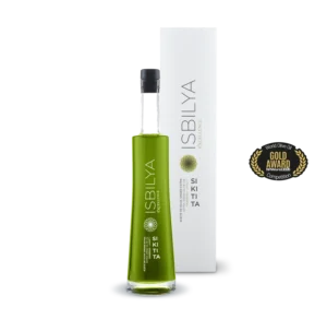 Botella de cristal aceite de oliva virgen extra premium Isbilya variedad sikitita, incluye estuche. Medalla de oro Nueva York 2026.