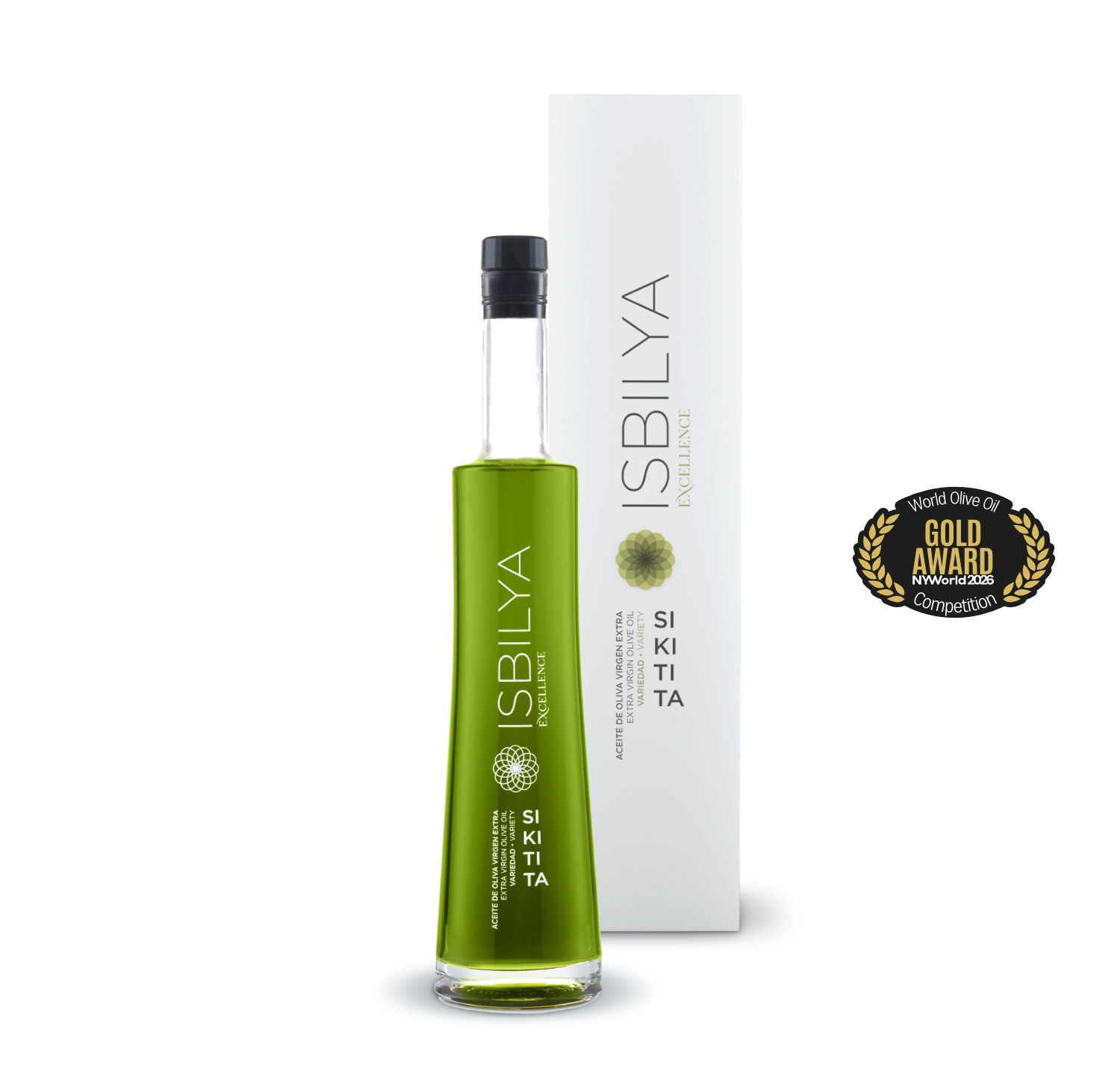 Botella de cristal aceite de oliva virgen extra premium Isbilya variedad sikitita, incluye estuche. Medalla de oro Nueva York 2026.