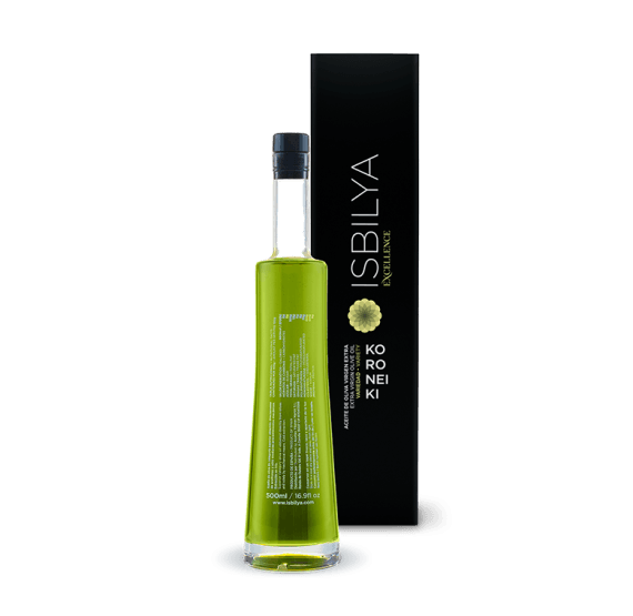 Botella de aceite de oliva virgen extra Koroneiki Isbilya, AOVE premium ganadora de concursos internacionales