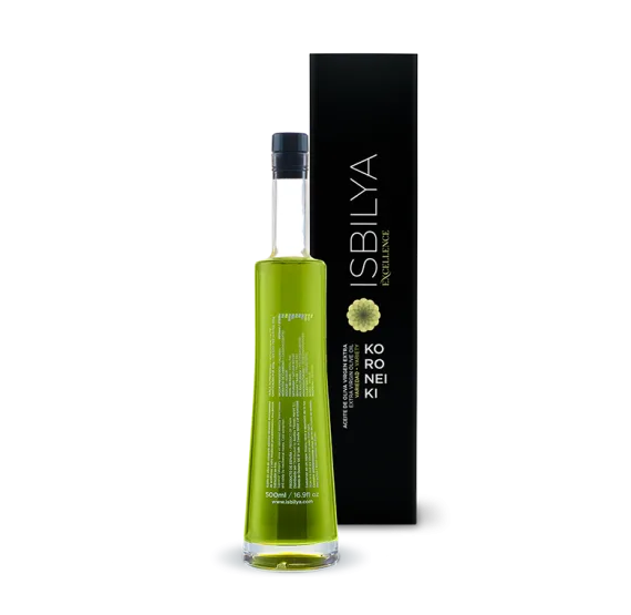 Botella de aceite de oliva virgen extra Koroneiki Isbilya, AOVE premium ganadora de concursos internacionales