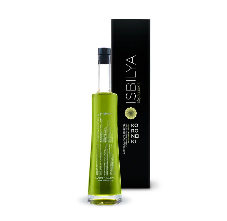 Botella de aceite de oliva virgen extra Koroneiki Isbilya, AOVE premium ganadora de concursos internacionales