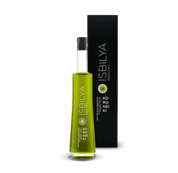 Bottle of Koroneiki extra virgin olive oil by Isbilya, premium EVOO with intense flavor and superior quality.