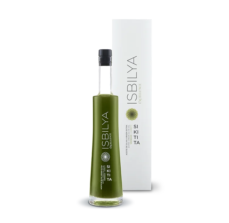 Botella de cristal aceite de oliva virgen extra premium Isbilya variedad sikitita edición especial sin filtrar, incluye estuche. Cuídate por dentro y por fuera.
