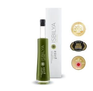 Botella de cristal aceite de oliva virgen extra premium Isbilya variedad sikitita edición especial sin filtrar, incluye estuche. Medalla de oro Nueva York, Japón y Korea 2026.