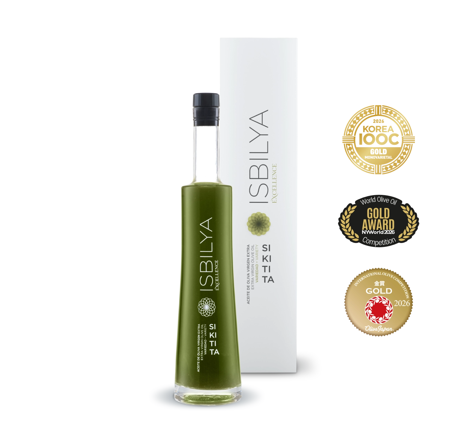 Botella de cristal aceite de oliva virgen extra premium Isbilya variedad sikitita edición especial sin filtrar, incluye estuche. Medalla de oro Nueva York, Japón y Korea 2026.