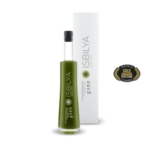 Botella de cristal aceite de oliva virgen extra premium Isbilya variedad sikitita edición especial sin filtrar, incluye estuche. Medalla de oro Nueva York 2026.