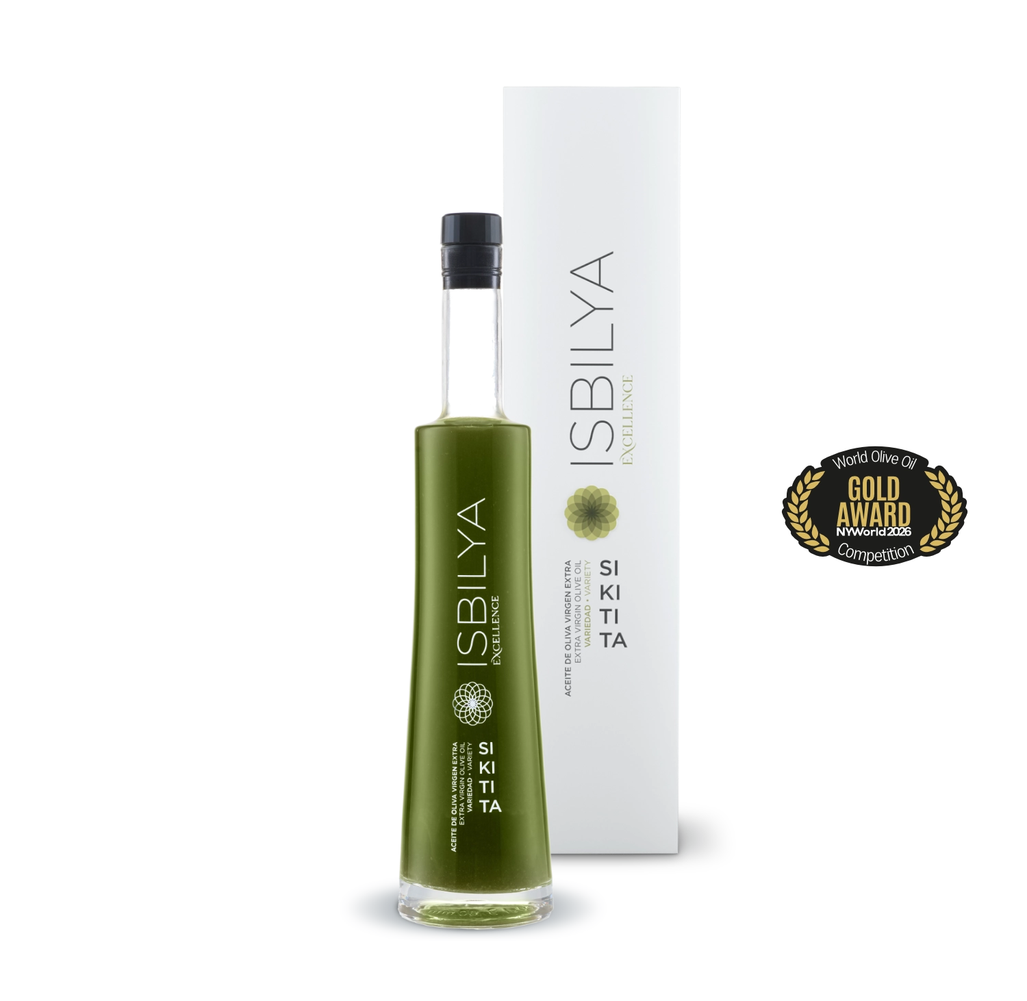 Botella de cristal aceite de oliva virgen extra premium Isbilya variedad sikitita edición especial sin filtrar, incluye estuche. Medalla de oro Nueva York 2026.