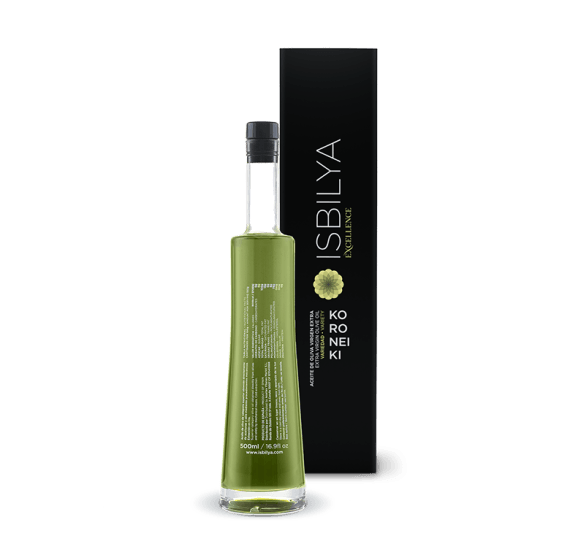 Contraetiqueta botella Isbilya variedad Koroneiki edición especial sin filtrar 500 ml.