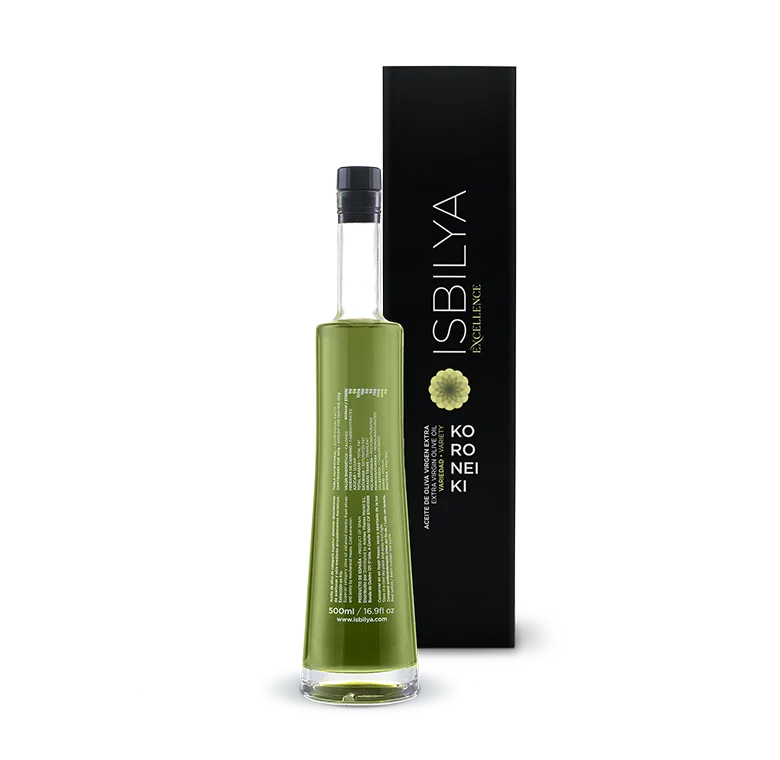 Contraetiqueta botella Isbilya variedad Koroneiki edición especial sin filtrar 500 ml.