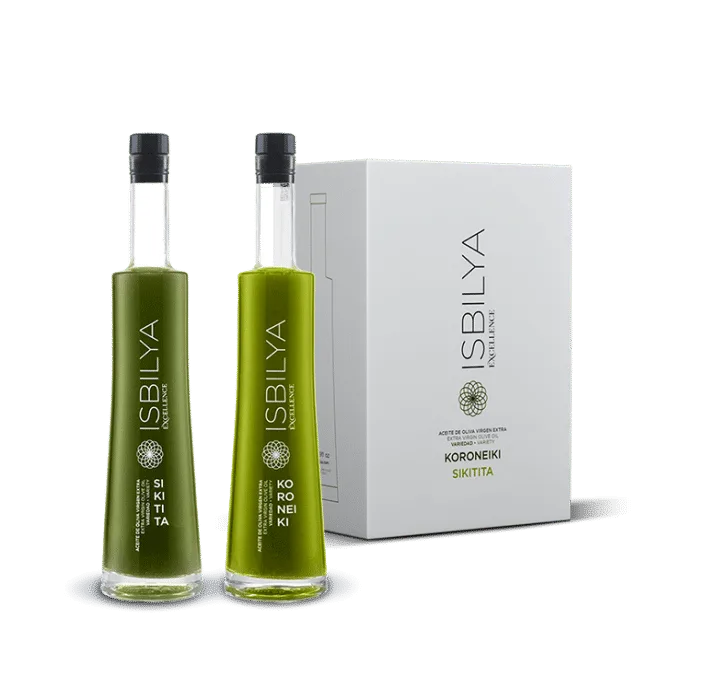 Pack de AOVE del Club Isbilya formado por 3 botellas Sikitita y 3 botellas Koroneiki sin filtrar 500 ml.