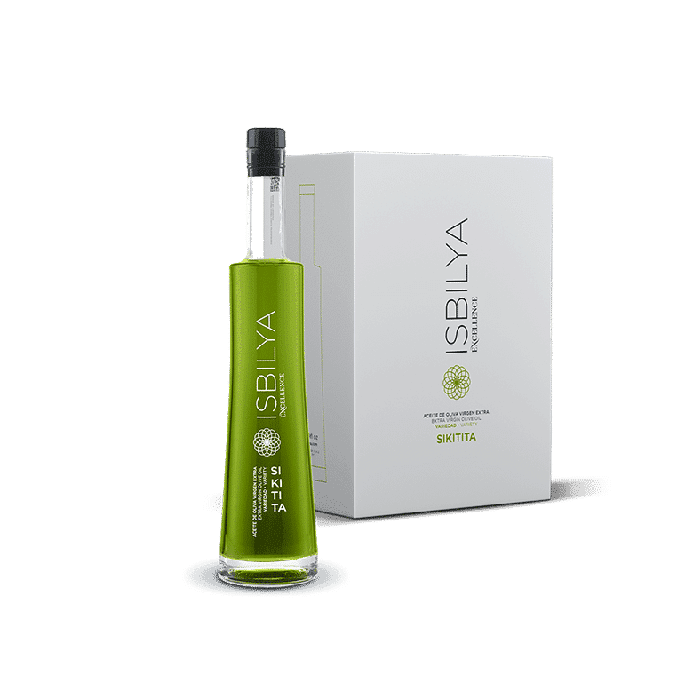 Promoción del Club Isbilya caja de 6 botellas de 500 ml de aceite de oliva virgen extra premium Isbilya, variedad Sikitita, ideal para regalar y disfrutar en familia, venta online.