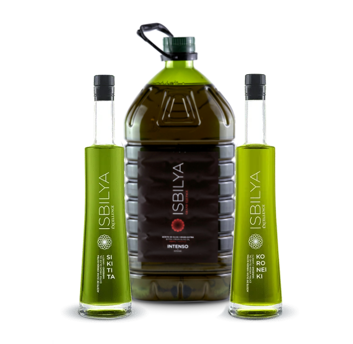 Botella Isbilya Koroneiki y Sikitita 500 ml y garrafa 5 litros Grand Coupage Intenso