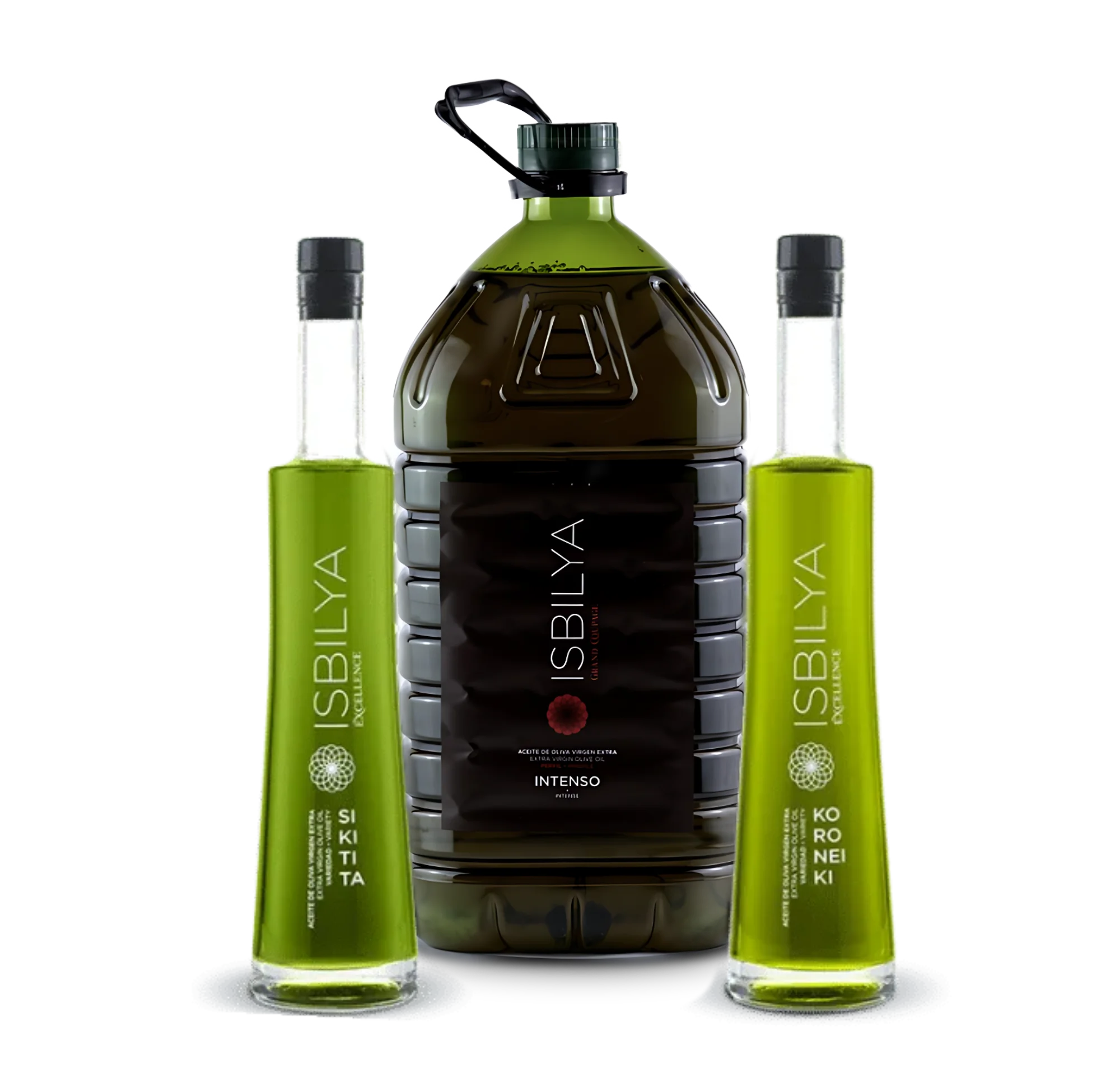 Botella Isbilya Koroneiki y Sikitita 500 ml y garrafa 5 litros Grand Coupage Intenso