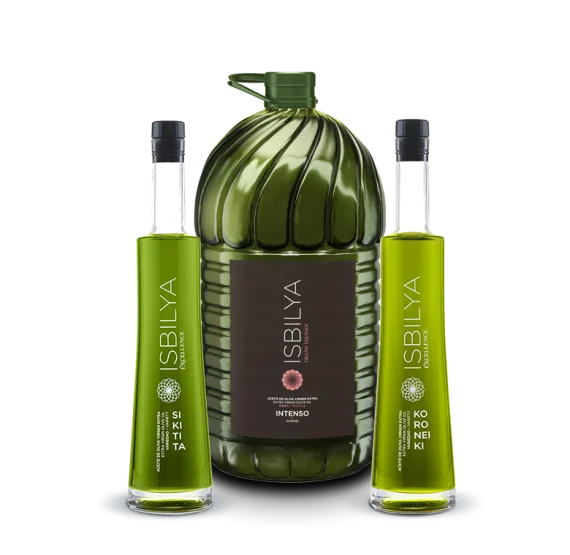 Botella Isbilya Koroneiki y Sikitita 500 ml y garrafa 5 litros Grand Coupage Intenso