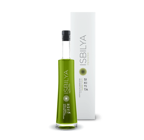 Bottle of Sikitita extra virgin olive oil by Isbilya, premium EVOO.