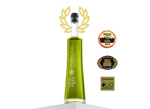 Botella de aceite de oliva virgen extra Isbilya variedad Koroneiki con premios internacionales