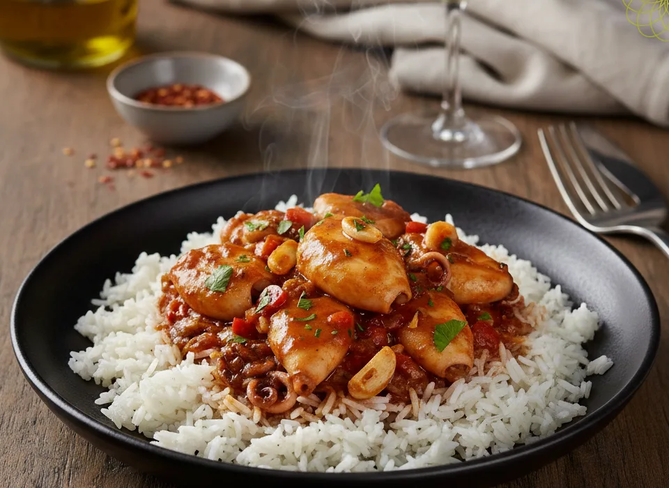 Plato negro sobre mesa de madera con chipirones al vino tinto con arroz y AOVE Koroneiki