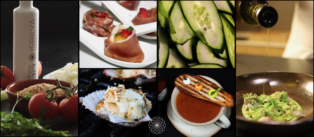 Conjunto de imágenes con diferentes alimentos y platos cocinados con AOVE Isbilya