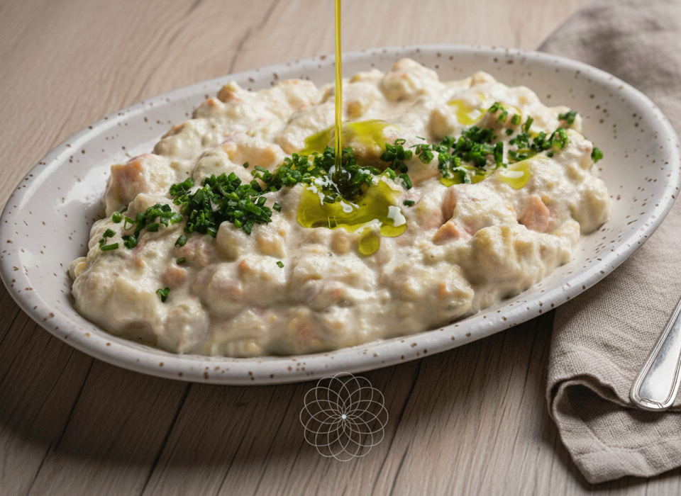 Plato de ensaladilla con unn chorro de aove Isbilya sobre mesa de madera con una cuchara y una servilleta de tela