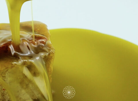 Chorro de aceite de oliva virgen extra isbilya sobre trozo de pan en fondo blanco