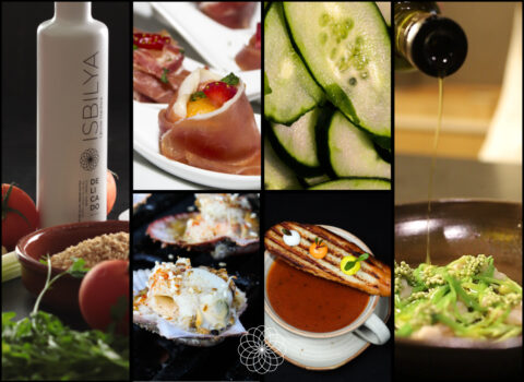 Conjunto de imágenes con diferentes alimentos y platos cocinados con AOVE Isbilya