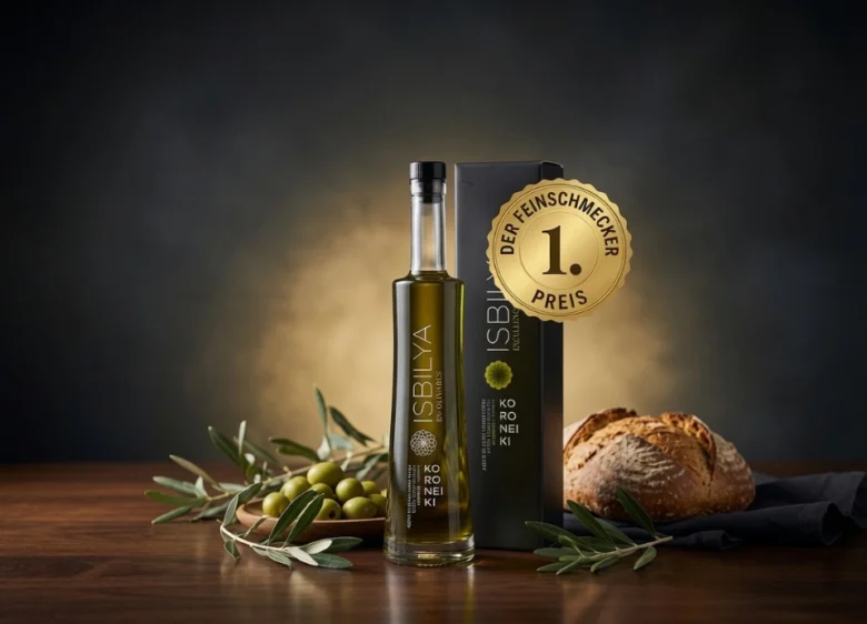 Botella de AOVE Isbilya Koroneiki con el sello de oro del primer premio 1. Preis de Der Feinschmecker Alemania 2025.