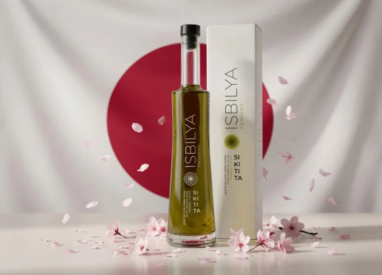 Botella de aceite de oliva virgen extra Isbilya Sikitita rodeada de pétalos de sakura flotando y la bandera de Japón al fondo, premio de calidad de Isbilya.