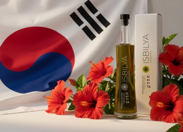 Botella y estuche de aceite de oliva Isbilya Sikitita junto a flores de hibisco rojas con la bandera de Corea del Sur de fondo, premio internacional.