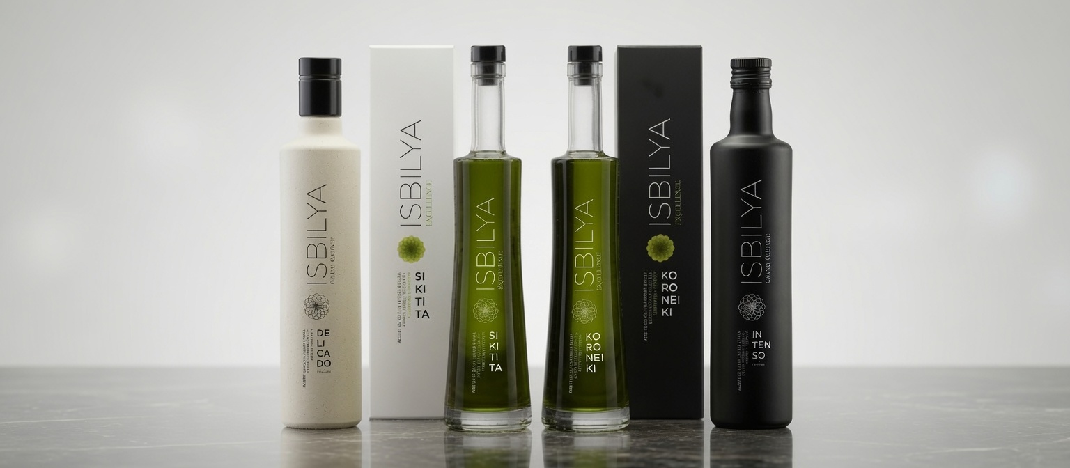 Botellas aceite de oliva virgen extra isbilya sikitita, koroneii, grand coupage intenso y delicado, sobre una superficie lisa y fondo blanco