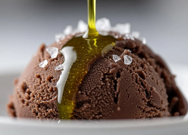 Bola de helado con aceite de oliva Isbilya y escamas de sal.