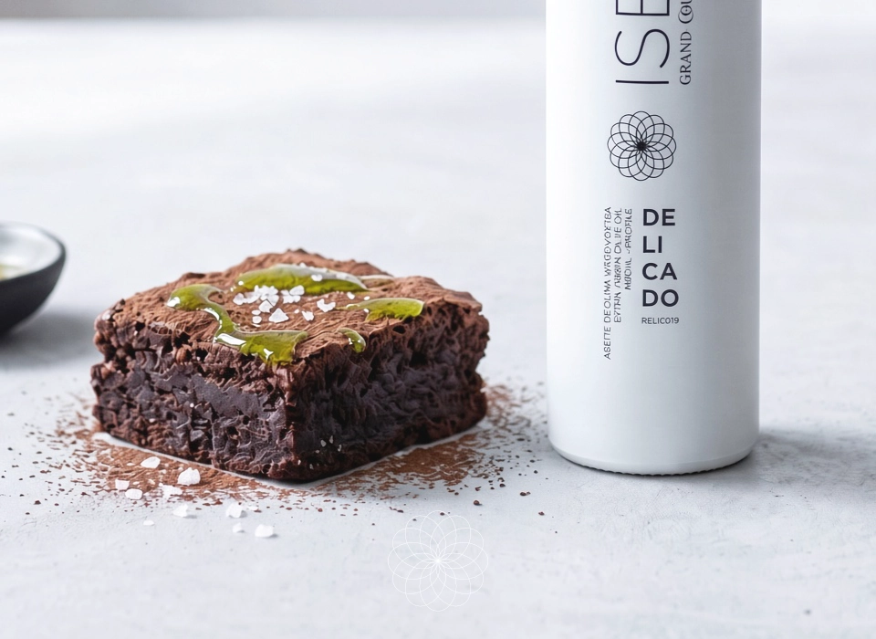 Brownie de chocolate sobre fondo blanco y botella de Isbilya Grand Coupage Delicado.