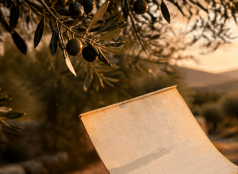 Calendario colgado en um olivo con olivar al fondo