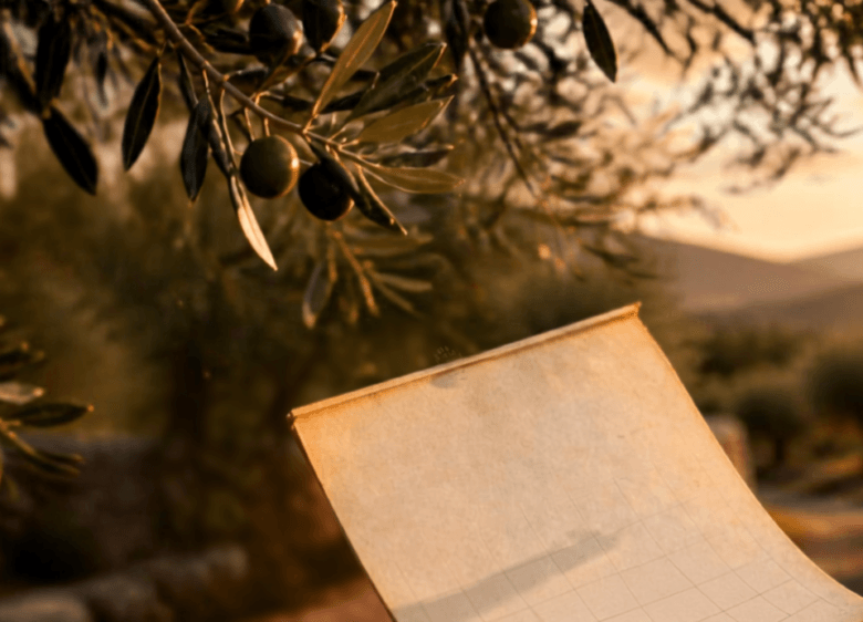 Calendario colgado en um olivo con olivar al fondo