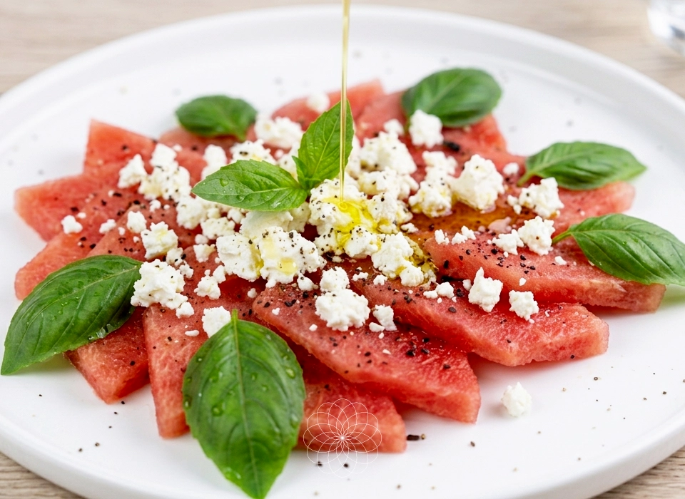 Plato con sandía trozeada queso feta, albahaca y AOVE Koroneiki
